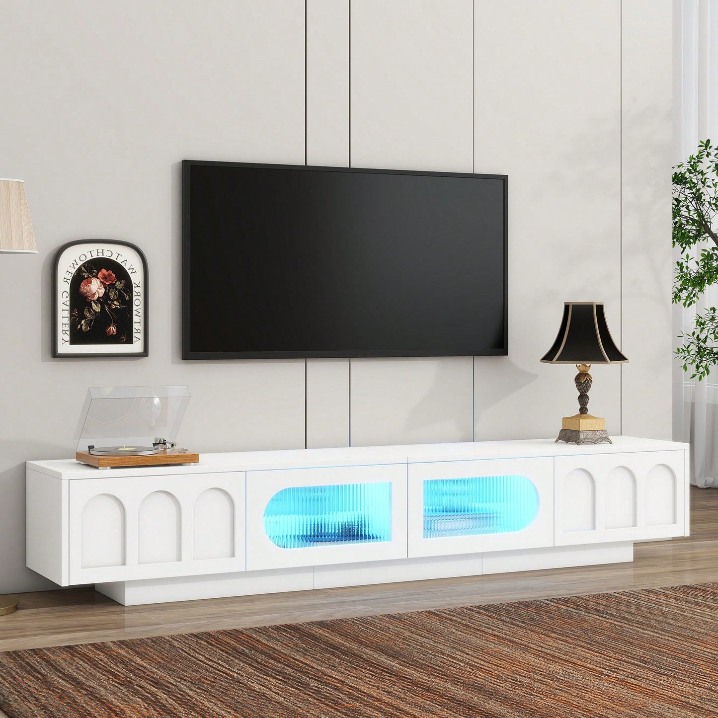 Stylish TV Stand With Fluted Glass Doors For TVs Up To 95 Inches, Functional Media Console With Arched Cabinet Doors And APP-Controlled LED Lights, Modern Entertainment Center In White