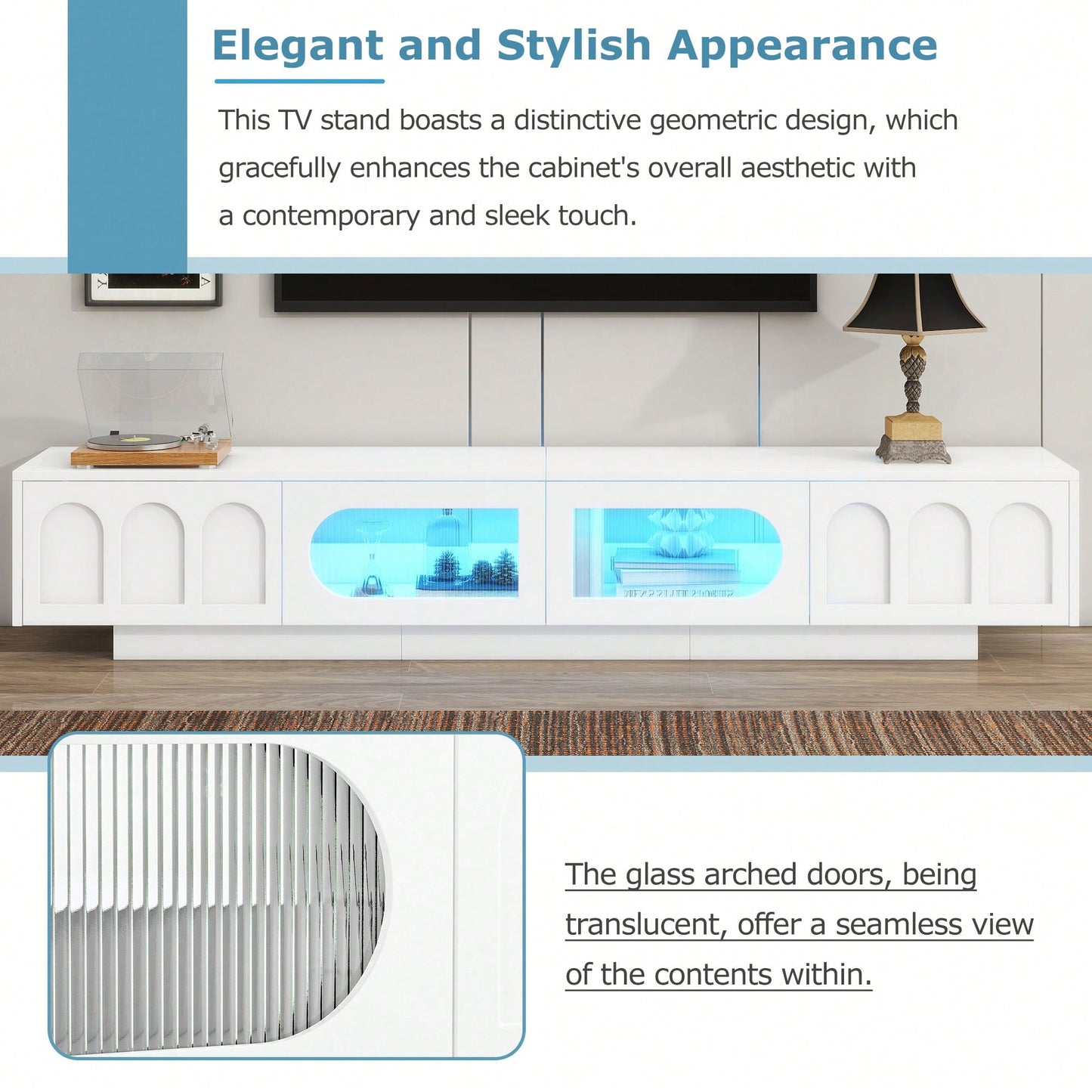 Stylish TV Stand With Fluted Glass Doors For TVs Up To 95 Inches, Functional Media Console With Arched Cabinet Doors And APP-Controlled LED Lights, Modern Entertainment Center In White