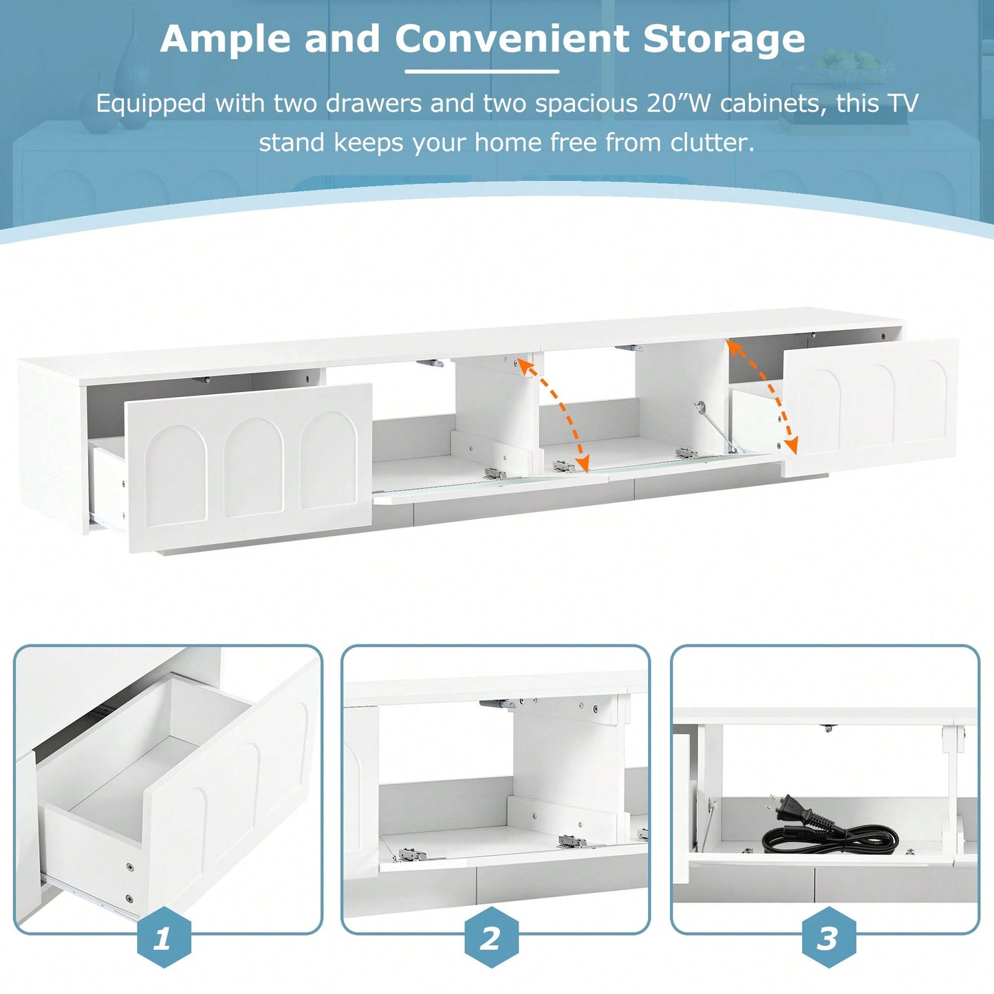 Stylish TV Stand With Fluted Glass Doors For TVs Up To 95 Inches, Functional Media Console With Arched Cabinet Doors And APP-Controlled LED Lights, Modern Entertainment Center In White
