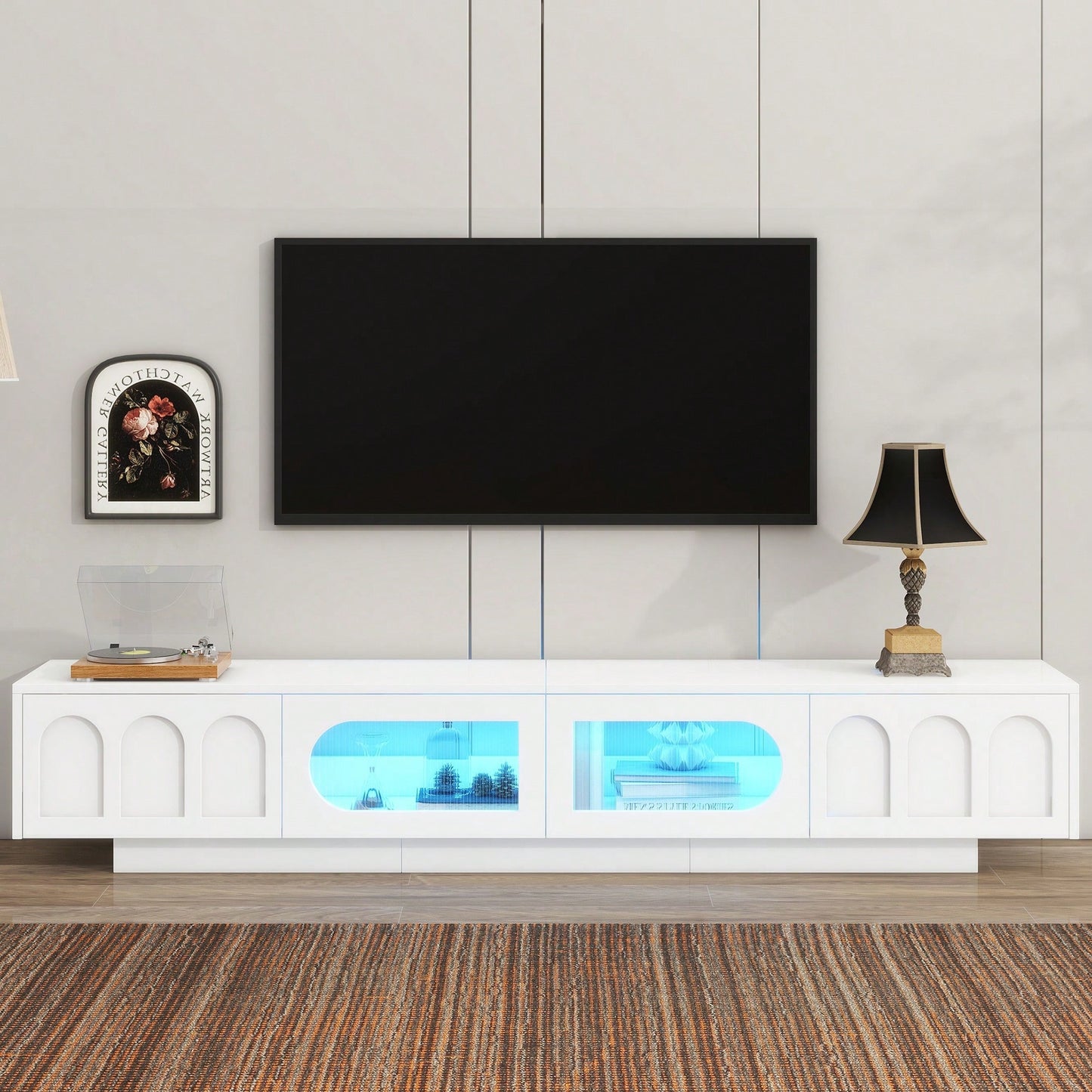 Stylish TV Stand With Fluted Glass Doors For TVs Up To 95 Inches, Functional Media Console With Arched Cabinet Doors And APP-Controlled LED Lights, Modern Entertainment Center In White