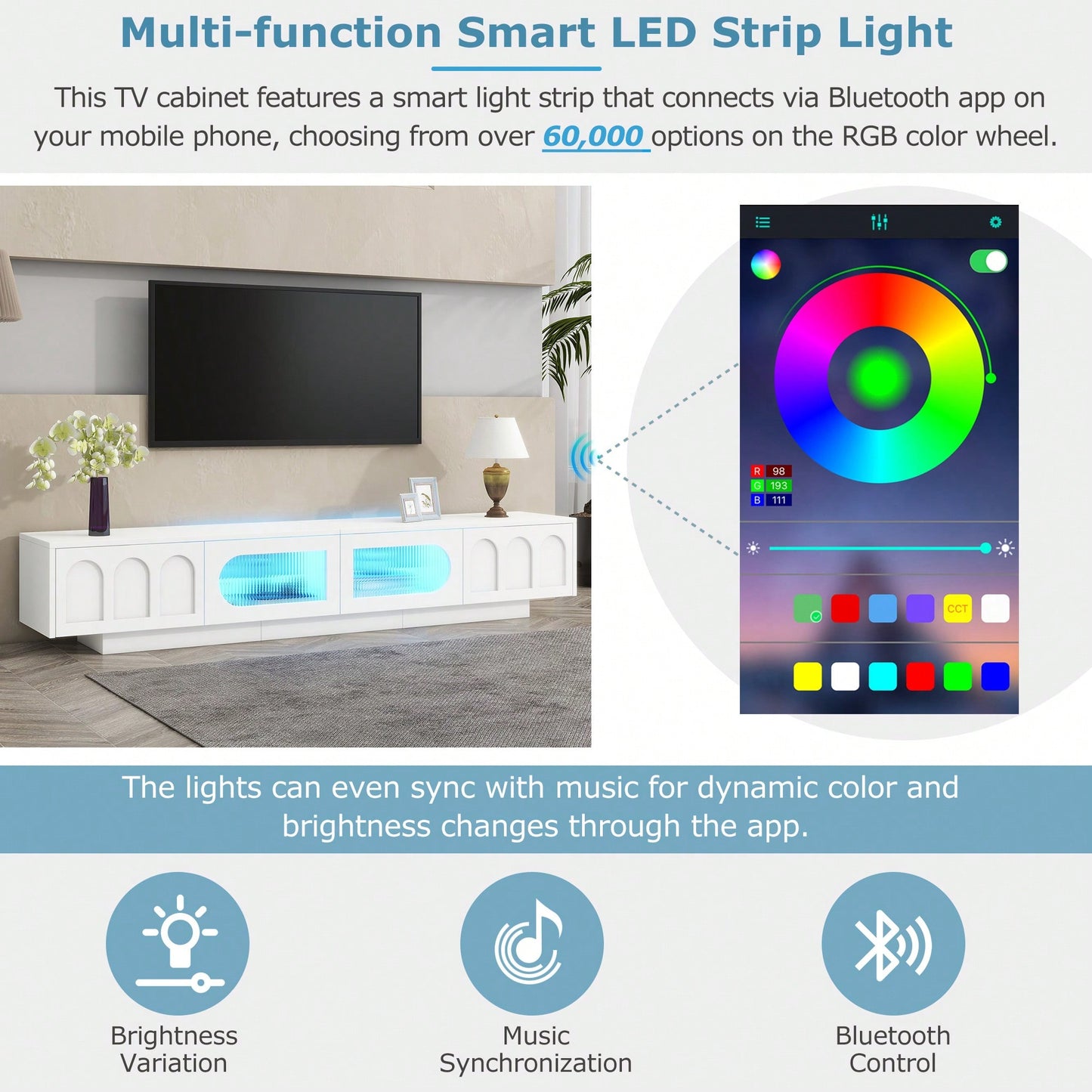 Stylish TV Stand With Fluted Glass Doors For TVs Up To 95 Inches, Functional Media Console With Arched Cabinet Doors And APP-Controlled LED Lights, Modern Entertainment Center In White