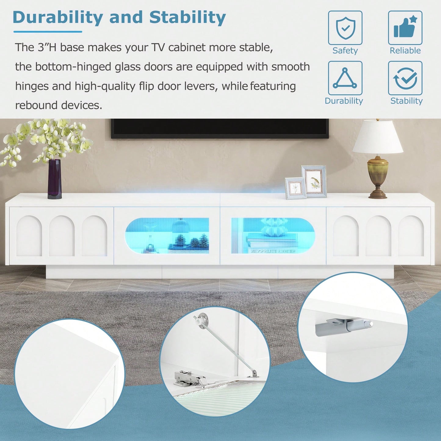 Stylish TV Stand With Fluted Glass Doors For TVs Up To 95 Inches, Functional Media Console With Arched Cabinet Doors And APP-Controlled LED Lights, Modern Entertainment Center In White