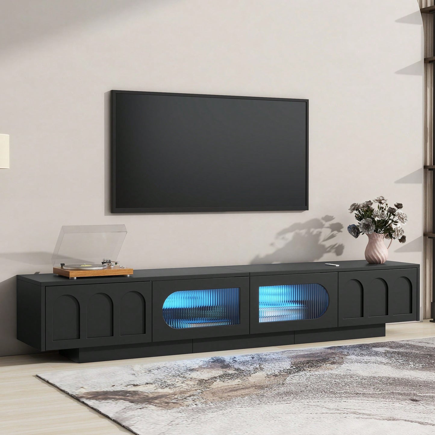 Stylish TV Stand With Fluted Glass Doors For TVs Up To 95 Inches, Functional Media Console With Arched Cabinet Doors And APP-Controlled LED Lights, Modern Entertainment Center In White