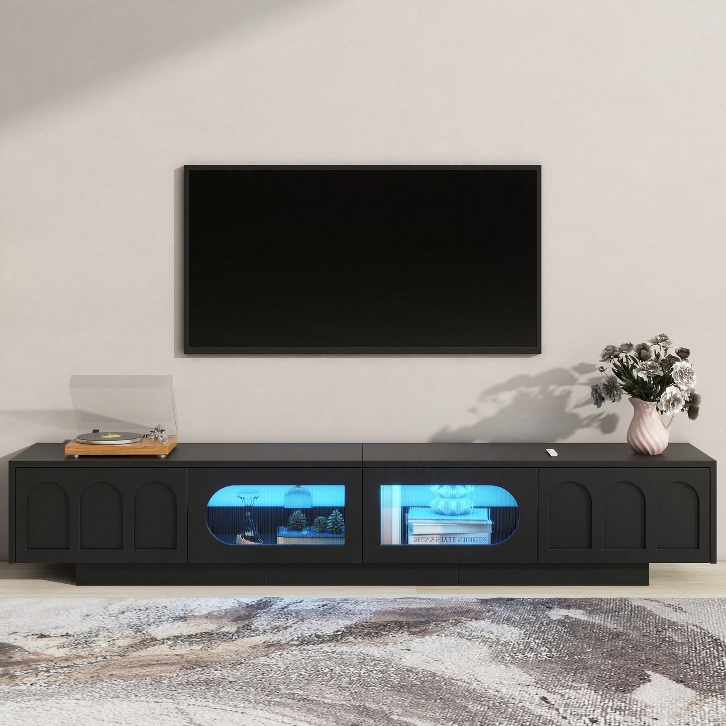 Stylish TV Stand With Fluted Glass Doors For TVs Up To 95 Inches, Functional Media Console With Arched Cabinet Doors And APP-Controlled LED Lights, Modern Entertainment Center In White