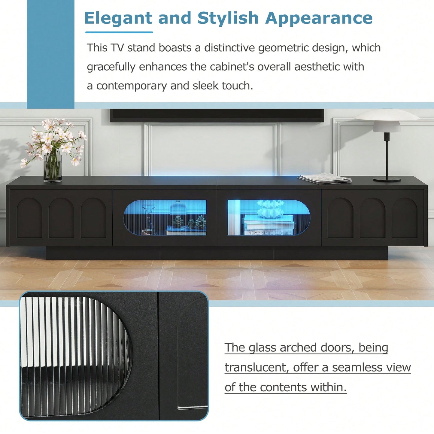 Stylish TV Stand With Fluted Glass Doors For TVs Up To 95 Inches, Functional Media Console With Arched Cabinet Doors And APP-Controlled LED Lights, Modern Entertainment Center In White