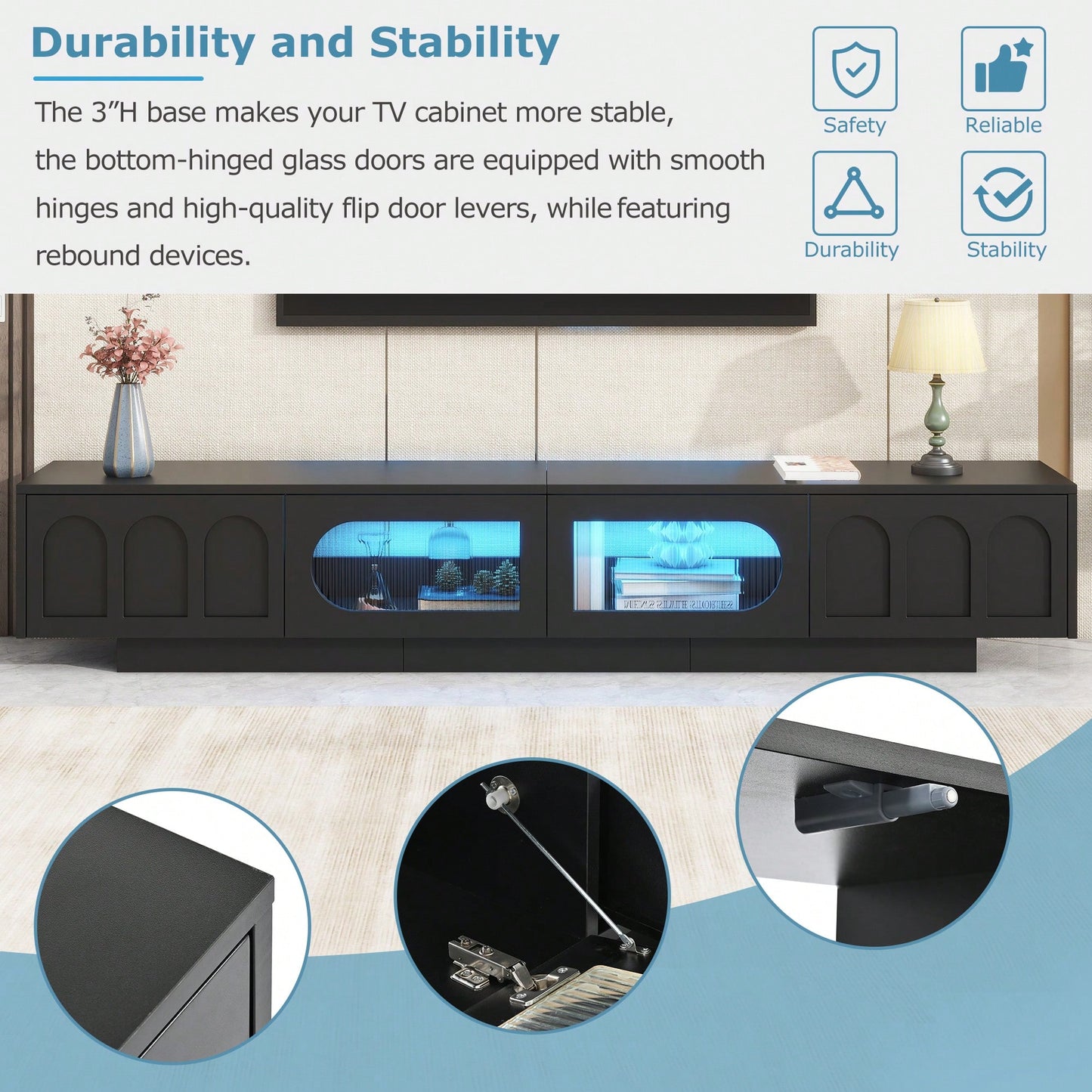 Stylish TV Stand With Fluted Glass Doors For TVs Up To 95 Inches, Functional Media Console With Arched Cabinet Doors And APP-Controlled LED Lights, Modern Entertainment Center In White