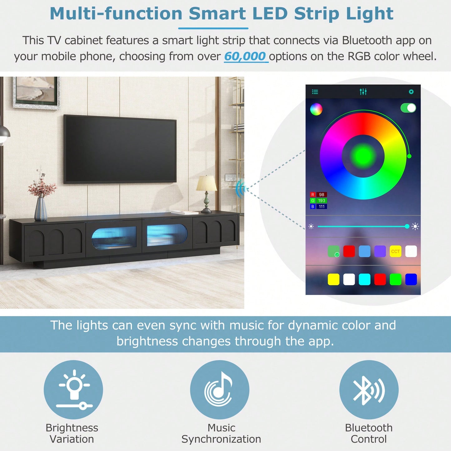 Stylish TV Stand With Fluted Glass Doors For TVs Up To 95 Inches, Functional Media Console With Arched Cabinet Doors And APP-Controlled LED Lights, Modern Entertainment Center In White
