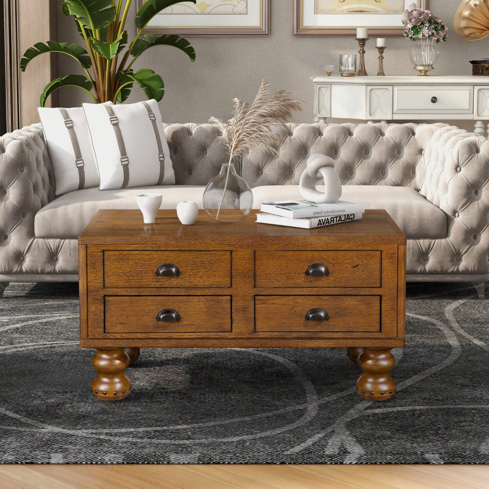 Antique Brown Solid Wood Rectangle Coffee Table With 4 Drawers And Rivet Legs For Living Room
