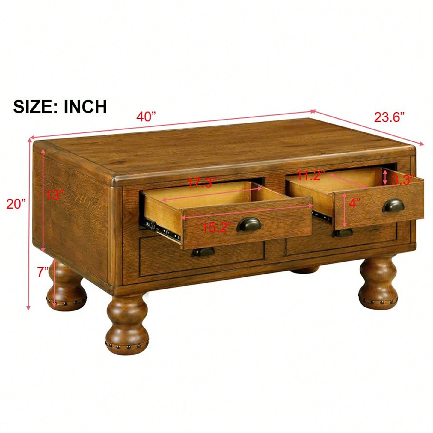 Antique Brown Solid Wood Rectangle Coffee Table With 4 Drawers And Rivet Legs For Living Room
