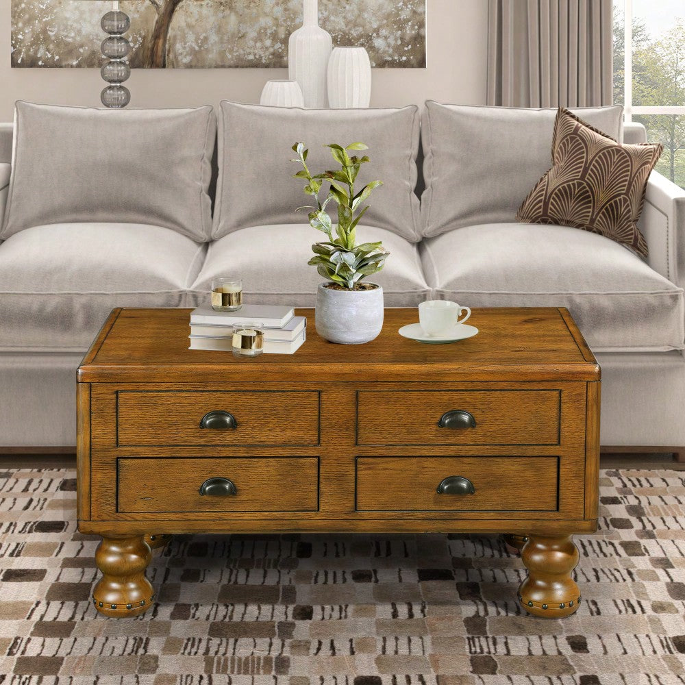 Antique Brown Solid Wood Rectangle Coffee Table With 4 Drawers And Rivet Legs For Living Room