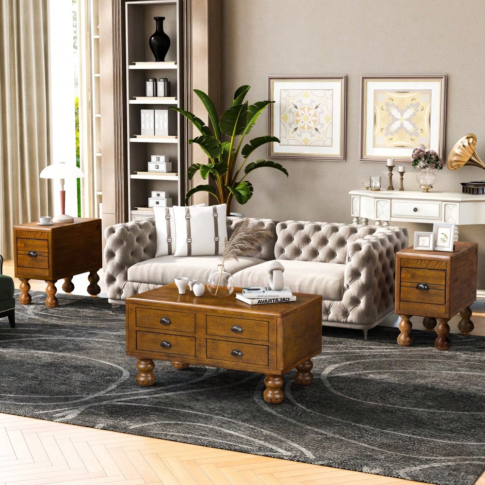 Antique Brown Solid Wood Rectangle Coffee Table With 4 Drawers And Rivet Legs For Living Room