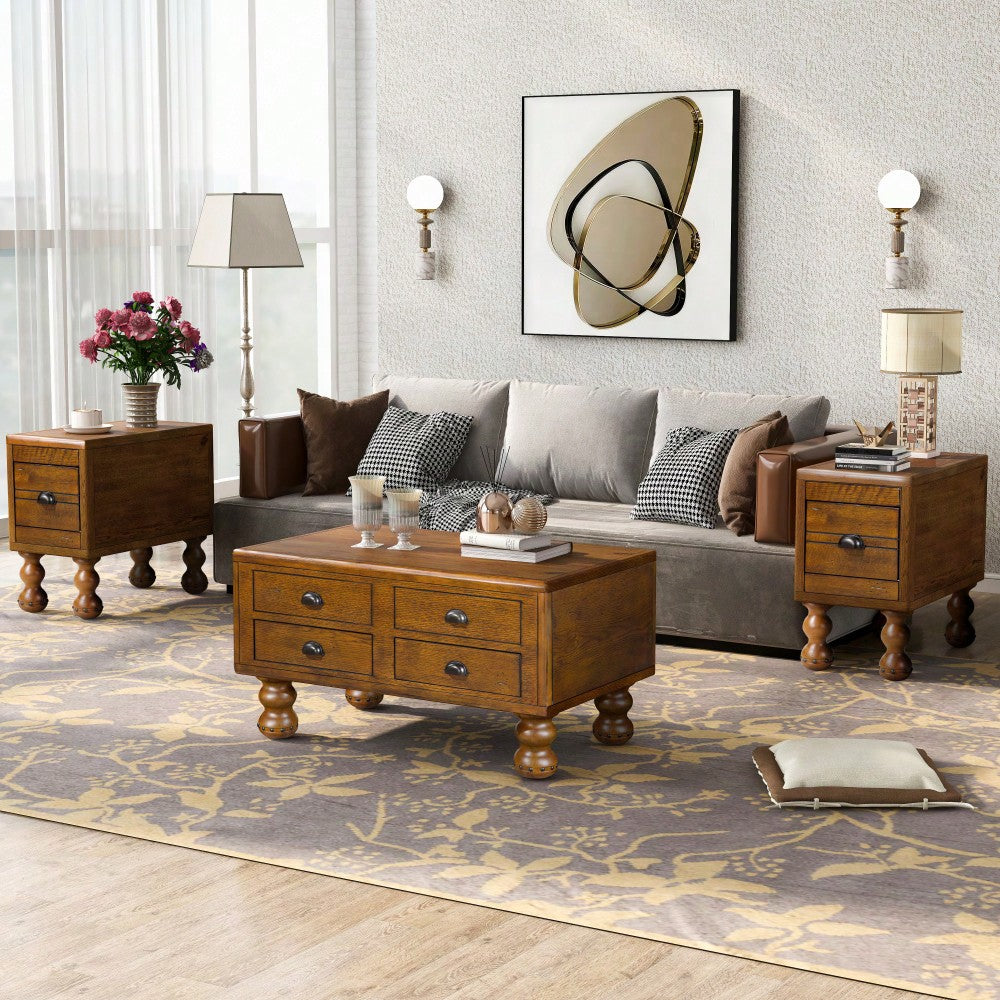 Antique Brown Solid Wood Rectangle Coffee Table With 4 Drawers And Rivet Legs For Living Room