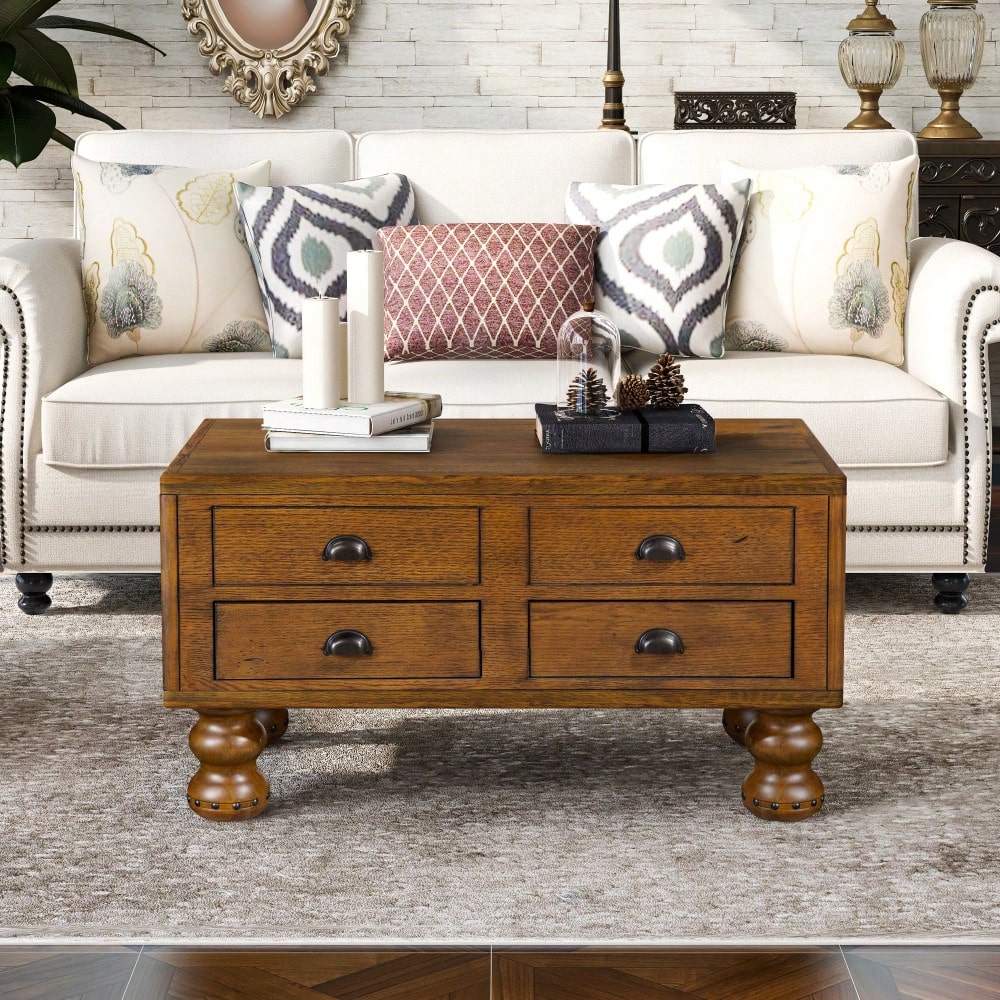 Antique Brown Solid Wood Rectangle Coffee Table With 4 Drawers And Rivet Legs For Living Room