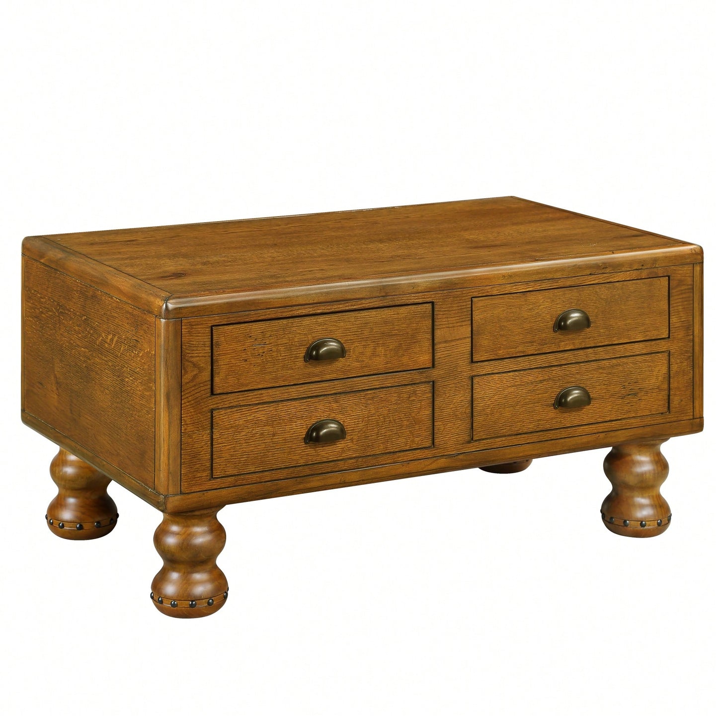 Antique Brown Solid Wood Rectangle Coffee Table With 4 Drawers And Rivet Legs For Living Room