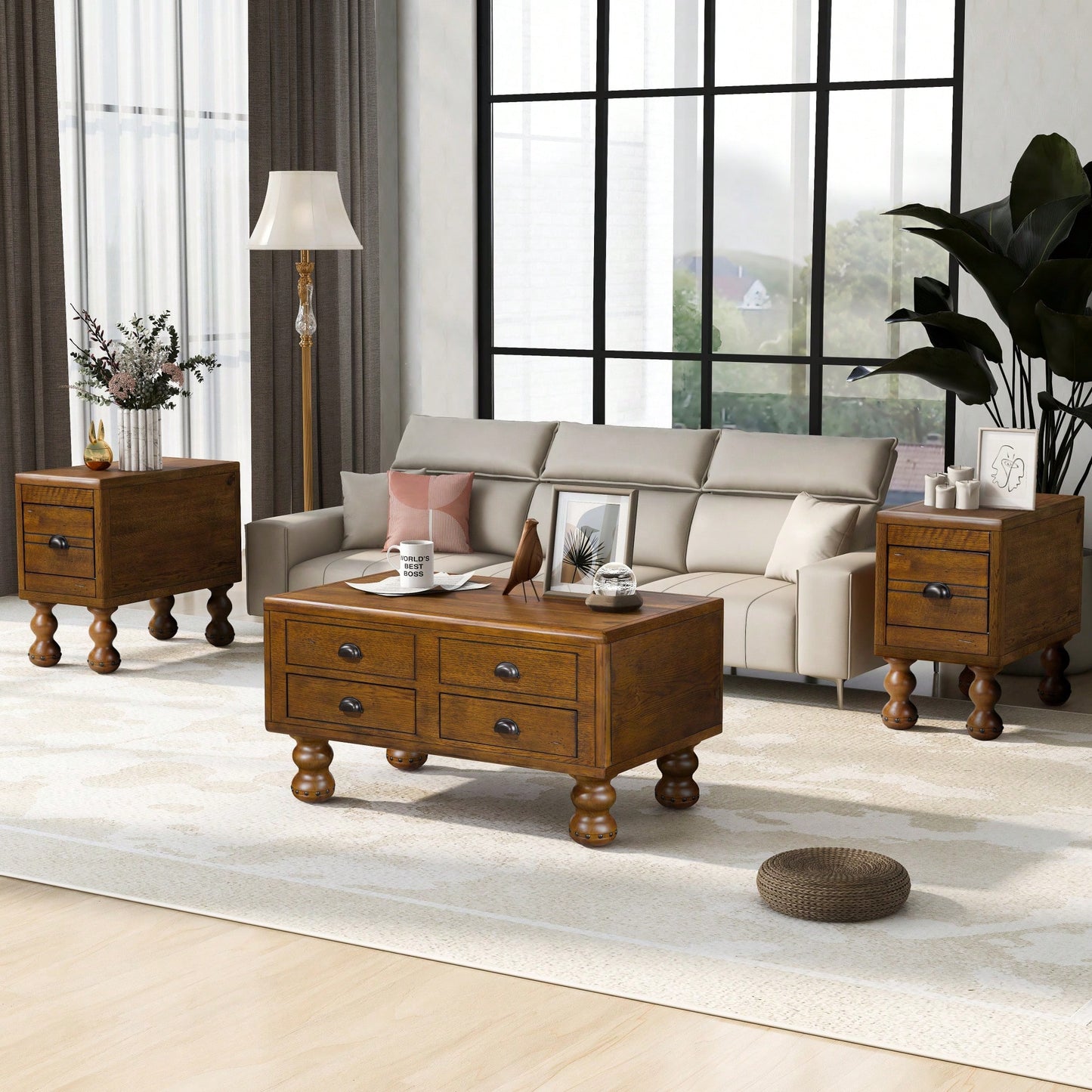 Antique Brown Solid Wood Rectangle Coffee Table With 4 Drawers And Rivet Legs For Living Room