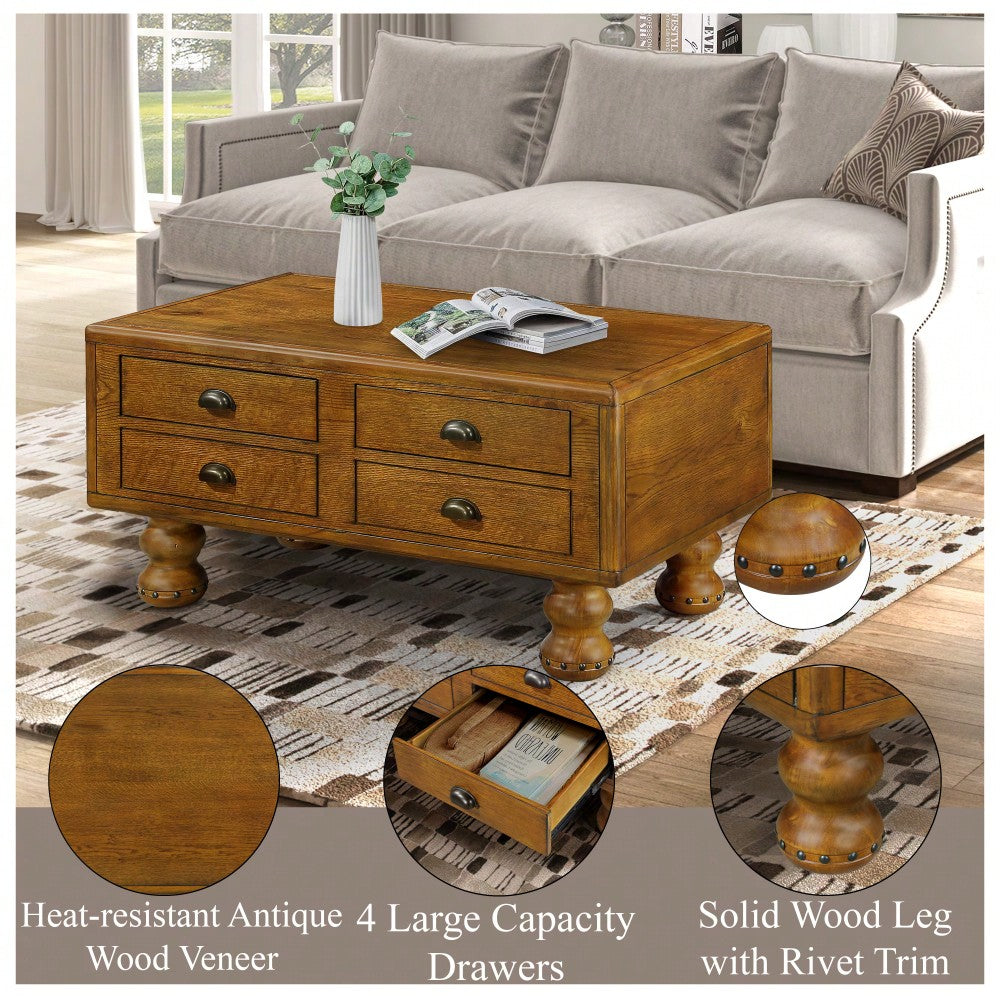 Antique Brown Solid Wood Rectangle Coffee Table With 4 Drawers And Rivet Legs For Living Room