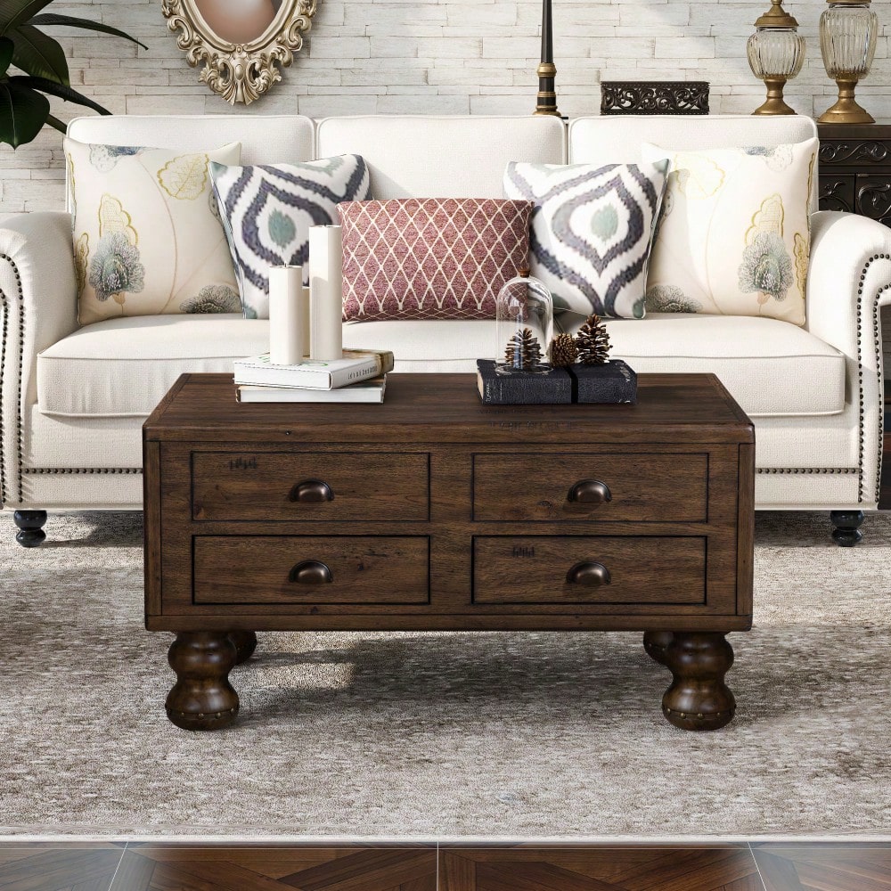 Antique Brown Solid Wood Rectangle Coffee Table With 4 Drawers And Rivet Legs For Living Room