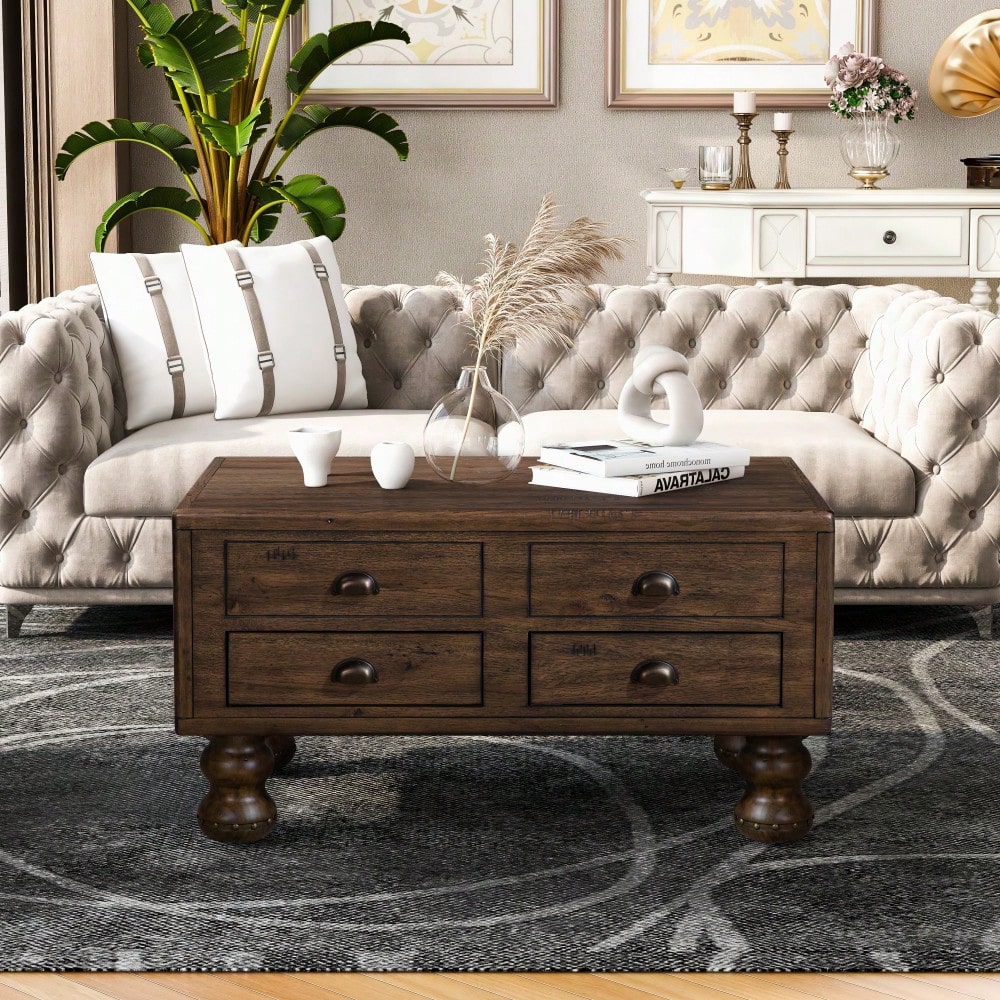 Antique Brown Solid Wood Rectangle Coffee Table With 4 Drawers And Rivet Legs For Living Room