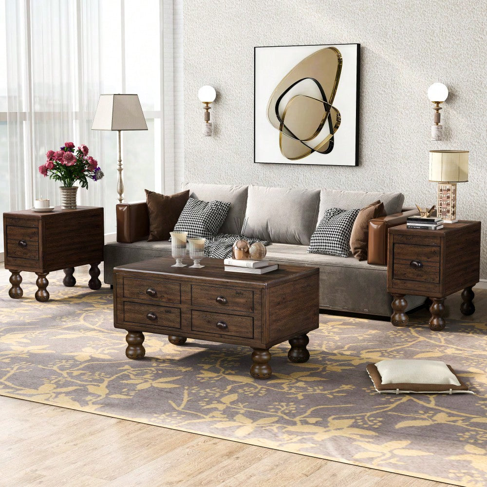Antique Brown Solid Wood Rectangle Coffee Table With 4 Drawers And Rivet Legs For Living Room