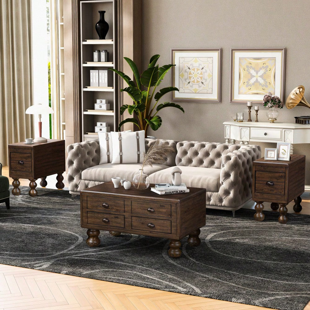 Antique Brown Solid Wood Rectangle Coffee Table With 4 Drawers And Rivet Legs For Living Room