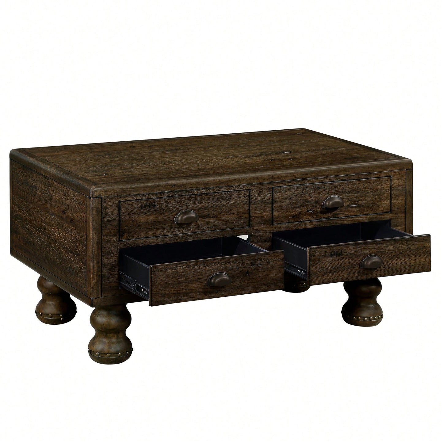 Antique Brown Solid Wood Rectangle Coffee Table With 4 Drawers And Rivet Legs For Living Room