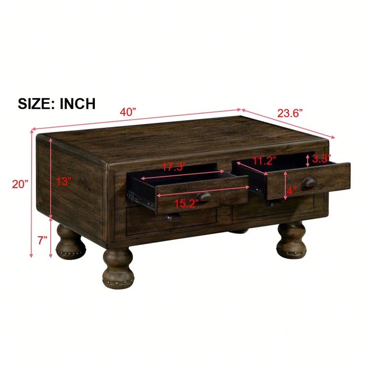Antique Brown Solid Wood Rectangle Coffee Table With 4 Drawers And Rivet Legs For Living Room