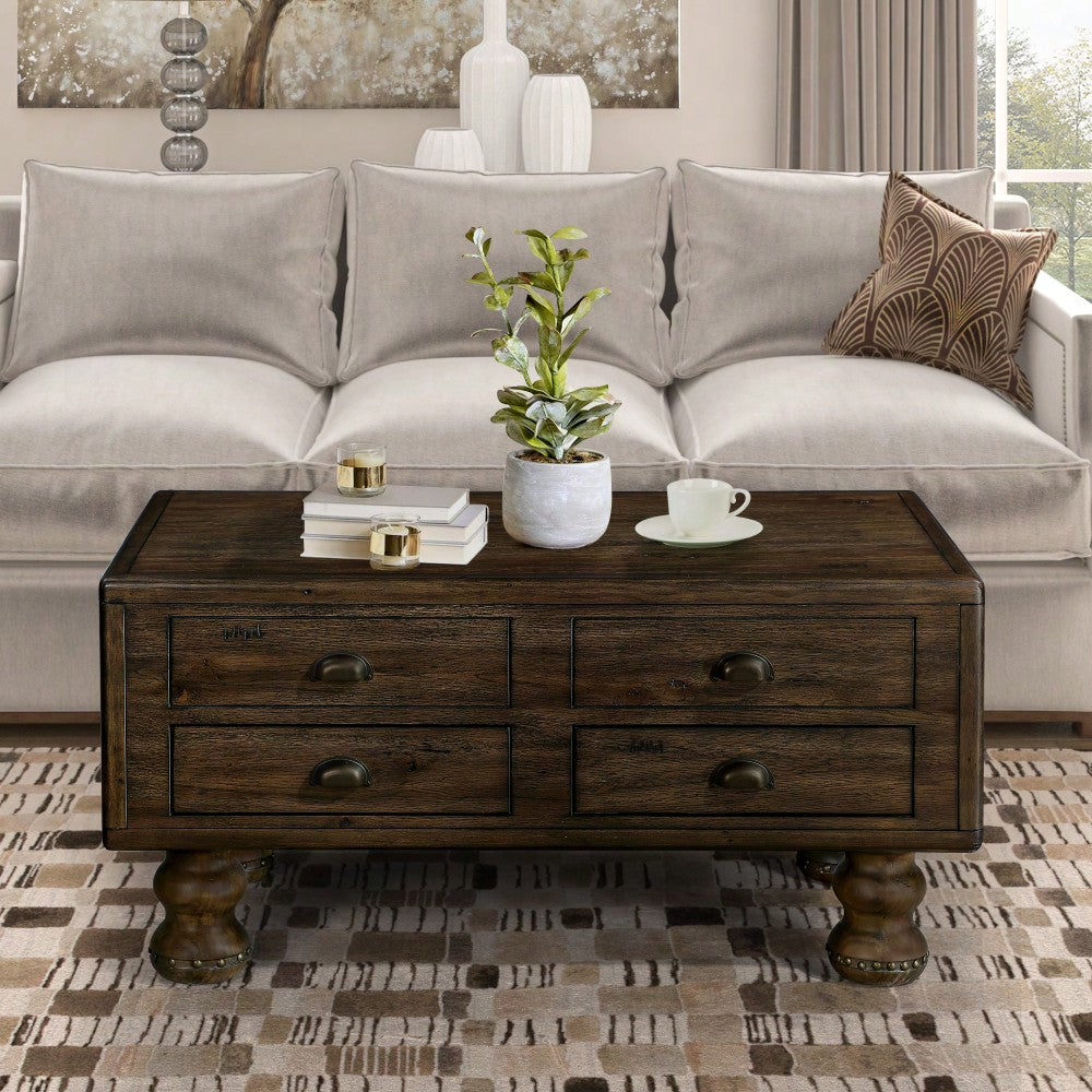 Antique Brown Solid Wood Rectangle Coffee Table With 4 Drawers And Rivet Legs For Living Room