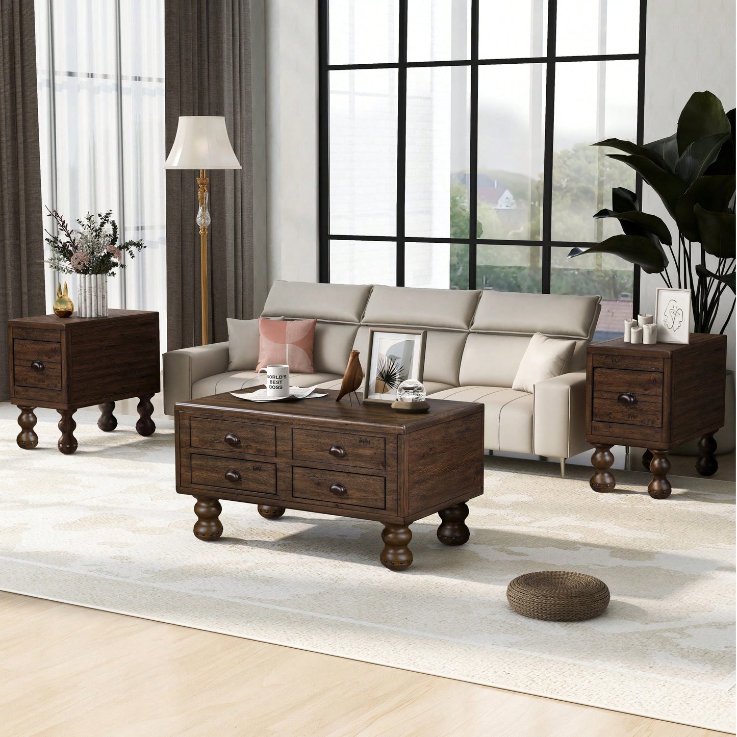 Antique Brown Solid Wood Rectangle Coffee Table With 4 Drawers And Rivet Legs For Living Room