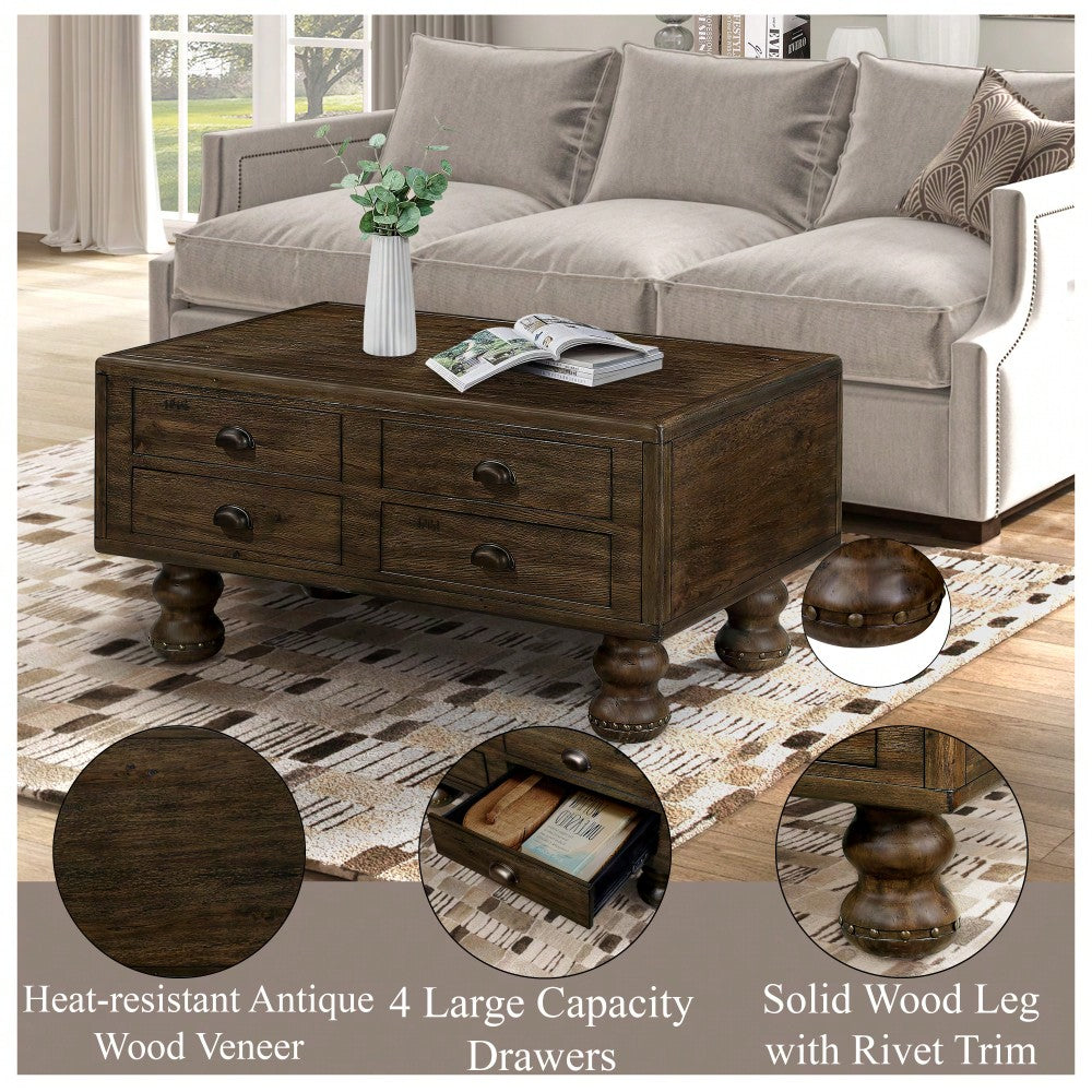 Antique Brown Solid Wood Rectangle Coffee Table With 4 Drawers And Rivet Legs For Living Room