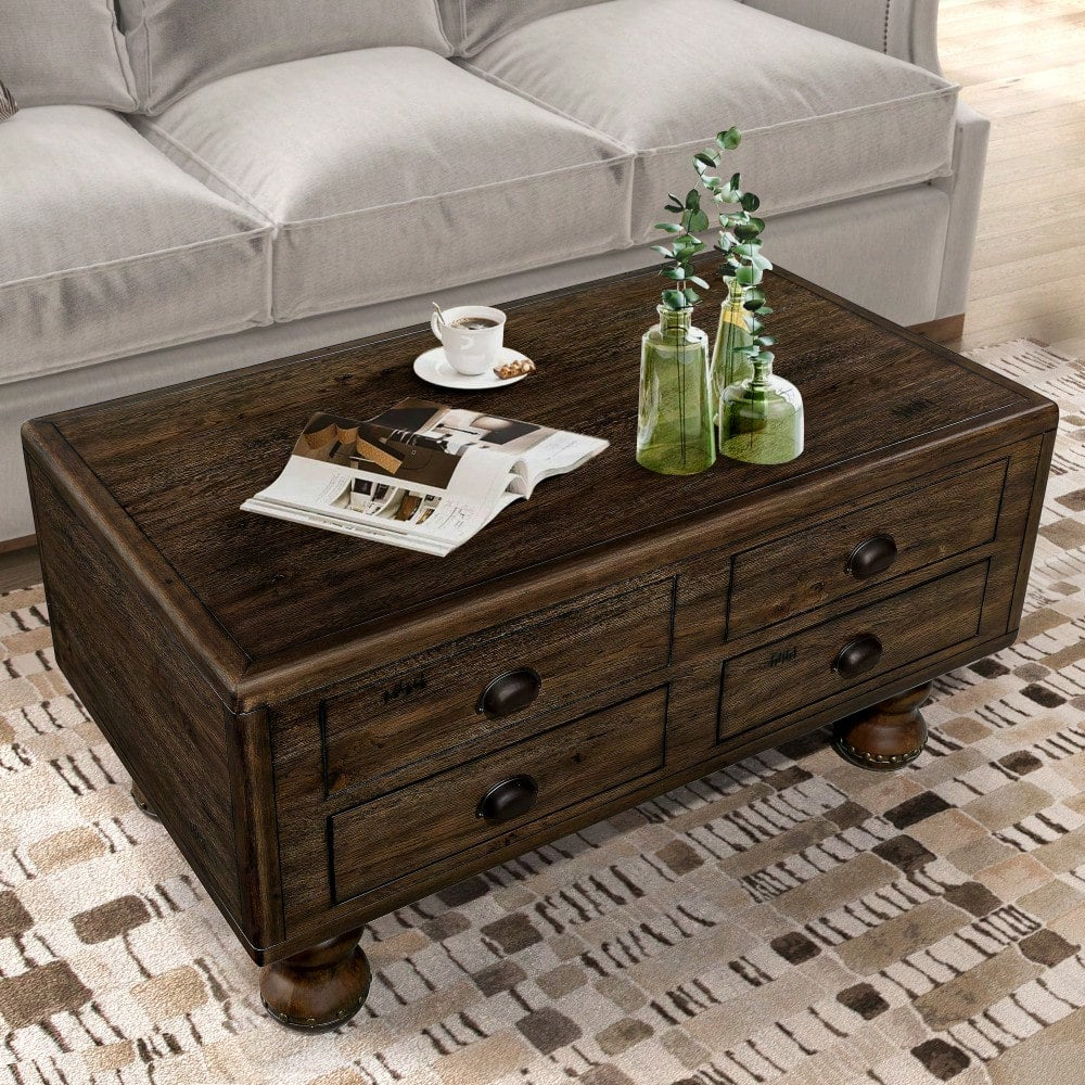 Antique Brown Solid Wood Rectangle Coffee Table With 4 Drawers And Rivet Legs For Living Room