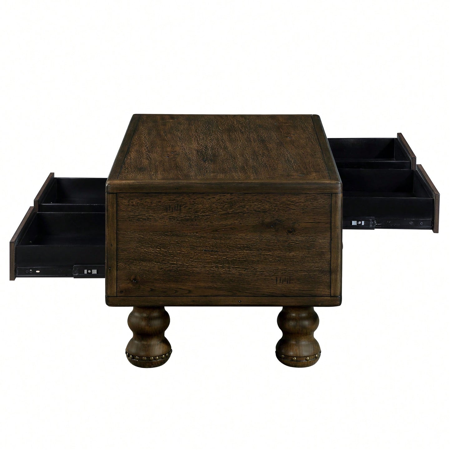 Antique Brown Solid Wood Rectangle Coffee Table With 4 Drawers And Rivet Legs For Living Room