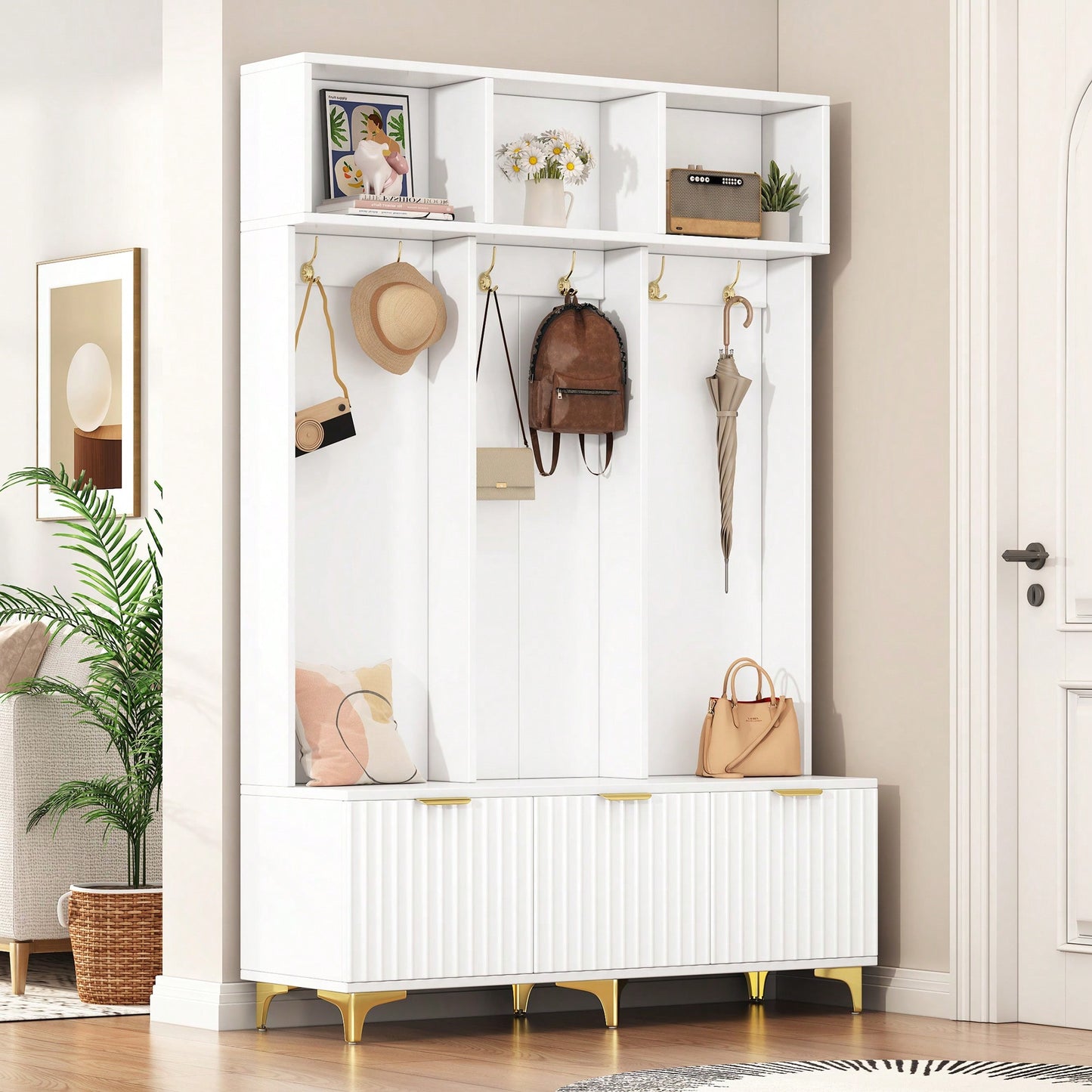 Modern Multi-Functional Storage Bench With High Gloss Fluted Doors And Luxurious Coat Rack For Entryway And Living Room In White