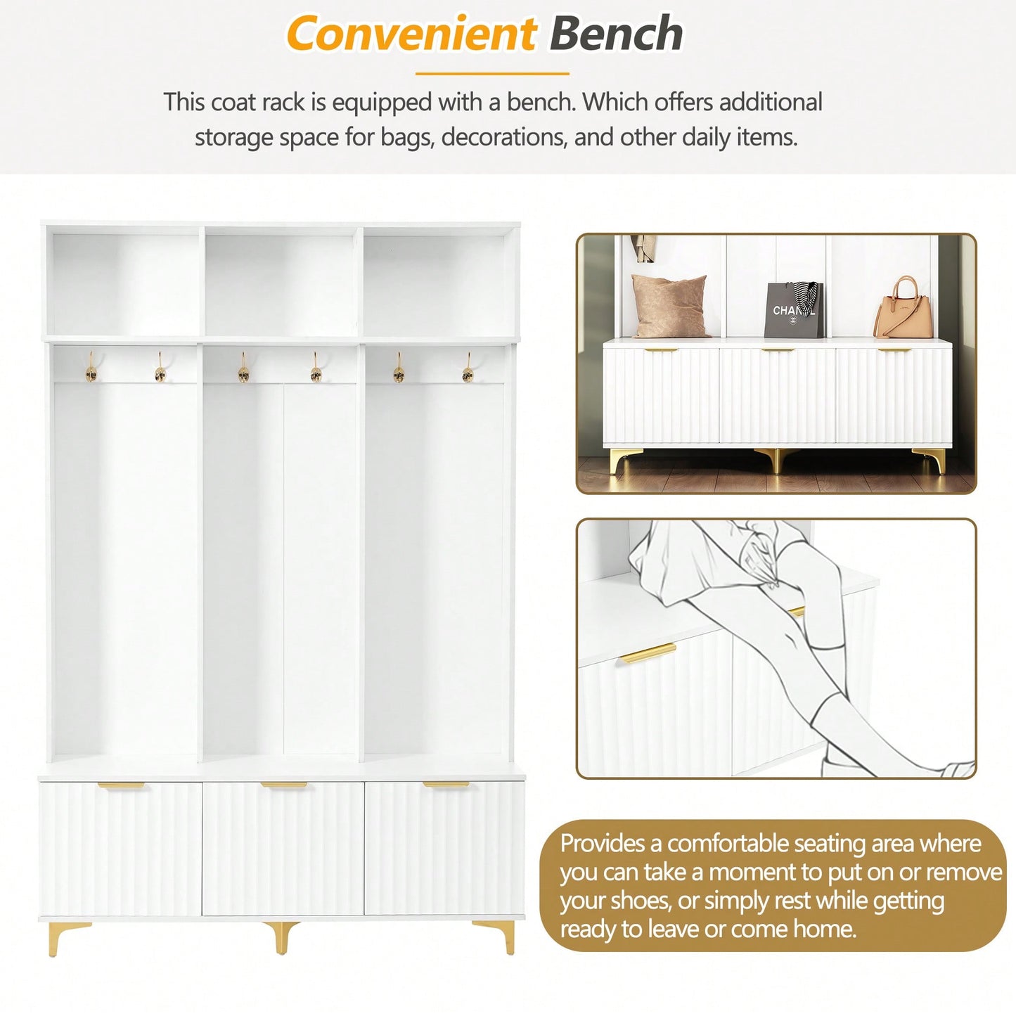 Modern Multi-Functional Storage Bench With High Gloss Fluted Doors And Luxurious Coat Rack For Entryway And Living Room In White