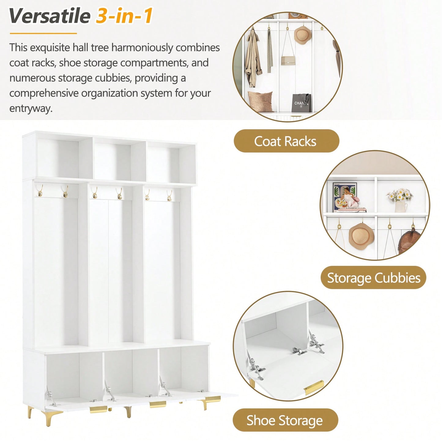Modern Multi-Functional Storage Bench With High Gloss Fluted Doors And Luxurious Coat Rack For Entryway And Living Room In White