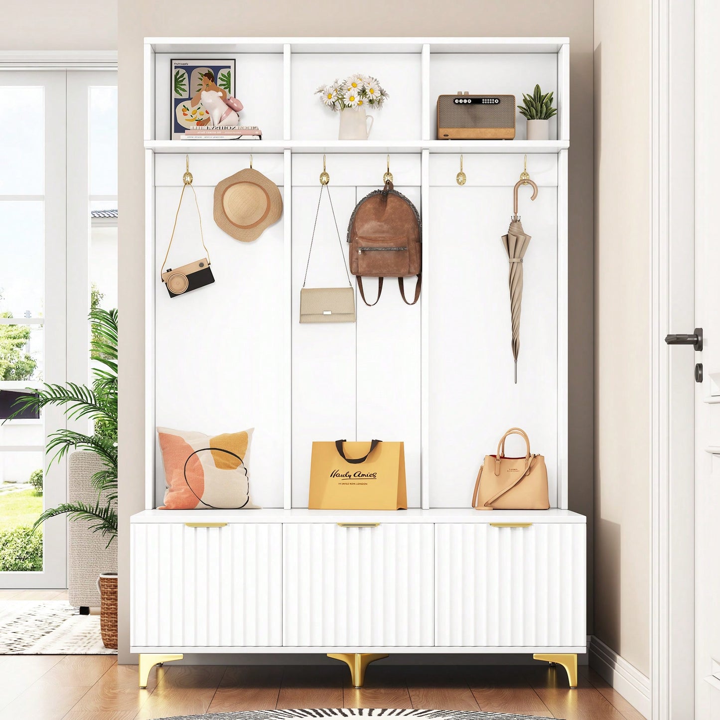 Modern Multi-Functional Storage Bench With High Gloss Fluted Doors And Luxurious Coat Rack For Entryway And Living Room In White