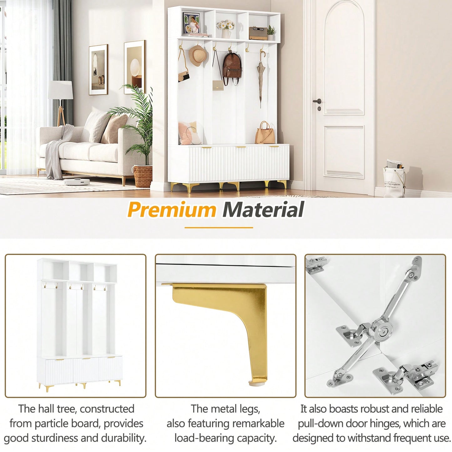 Modern Multi-Functional Storage Bench With High Gloss Fluted Doors And Luxurious Coat Rack For Entryway And Living Room In White