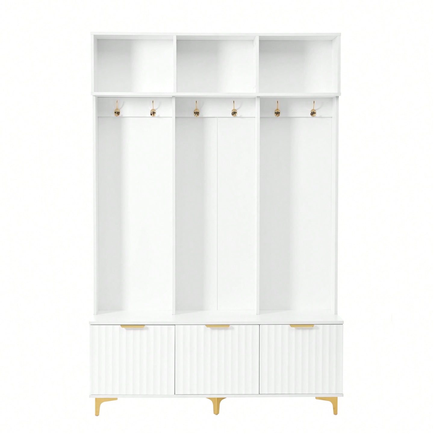 Modern Multi-Functional Storage Bench With High Gloss Fluted Doors And Luxurious Coat Rack For Entryway And Living Room In White