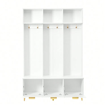 Modern Multi-Functional Storage Bench With High Gloss Fluted Doors And Luxurious Coat Rack For Entryway And Living Room In White