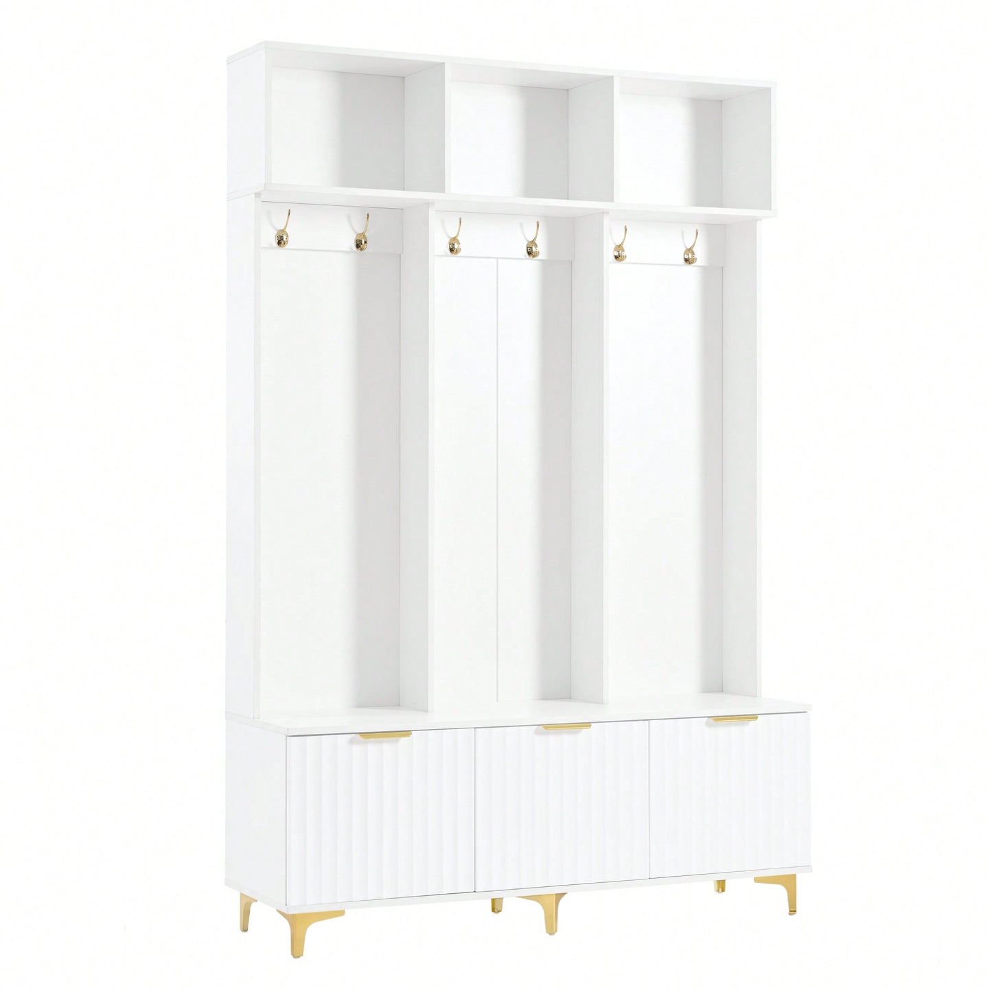 Modern Multi-Functional Storage Bench With High Gloss Fluted Doors And Luxurious Coat Rack For Entryway And Living Room In White