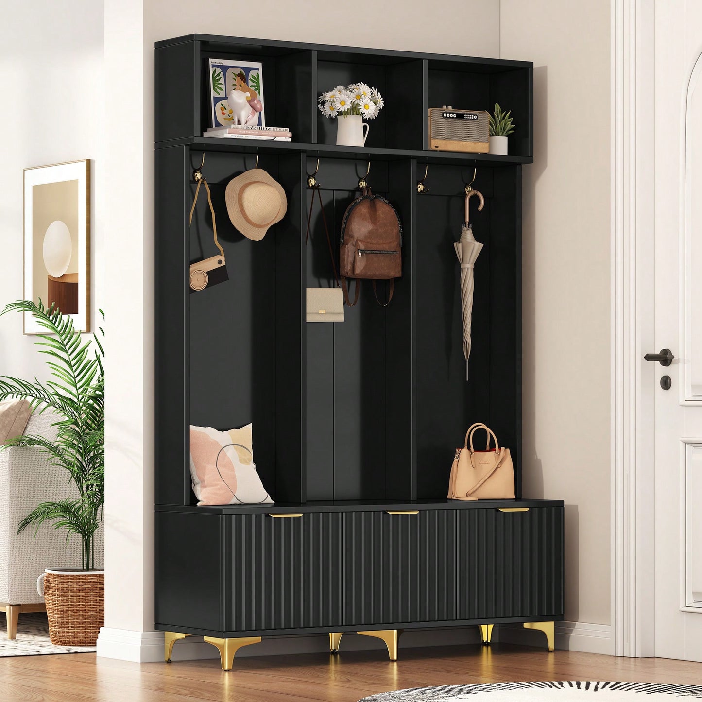 Modern Multi-Functional Storage Bench With High Gloss Fluted Doors And Luxurious Coat Rack For Entryway And Living Room In White