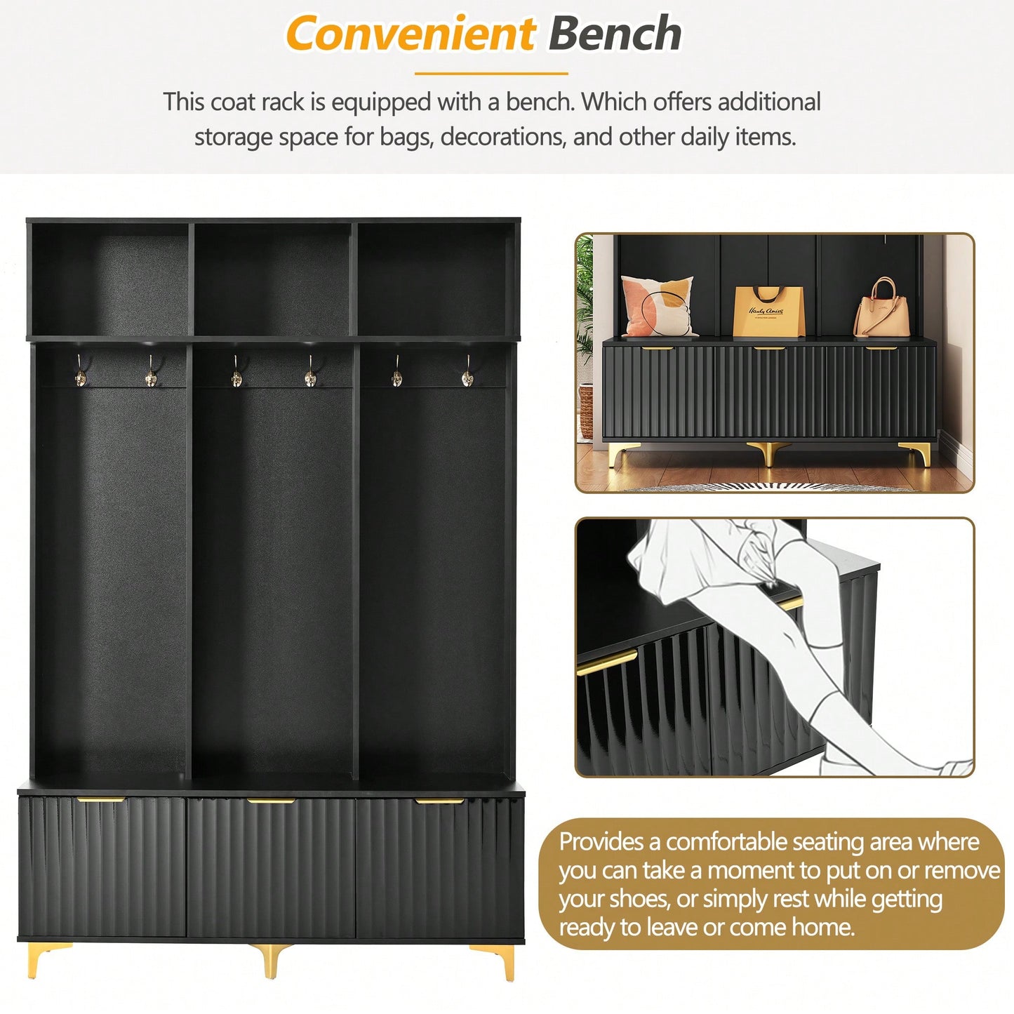 Modern Multi-Functional Storage Bench With High Gloss Fluted Doors And Luxurious Coat Rack For Entryway And Living Room In White