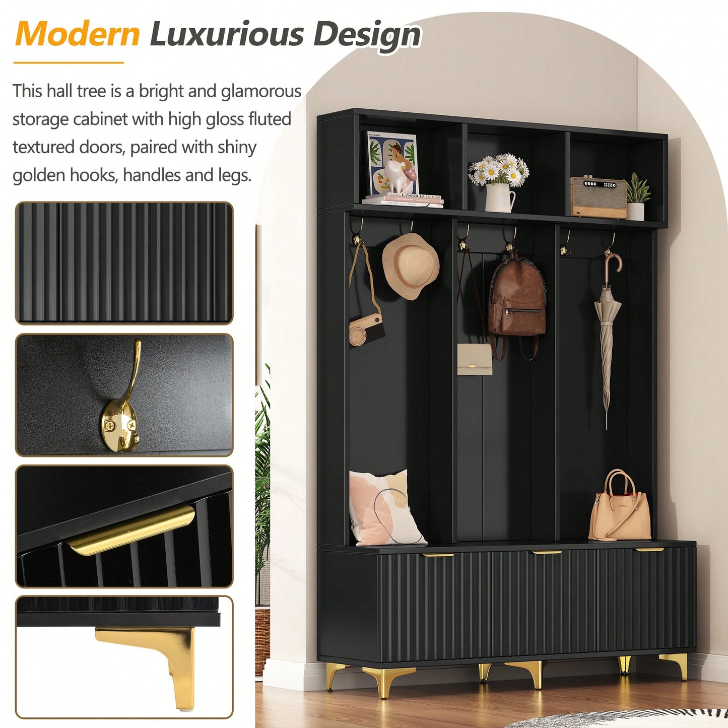 Modern Multi-Functional Storage Bench With High Gloss Fluted Doors And Luxurious Coat Rack For Entryway And Living Room In White