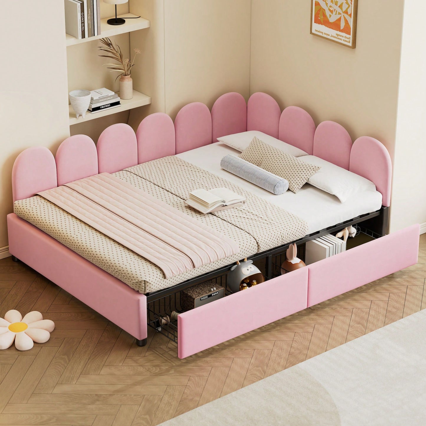 Elegant Full Size Upholstered Daybed With Storage Drawers Velvet Sofabed And Soft Fabric Headboard No Box Spring Required Beige