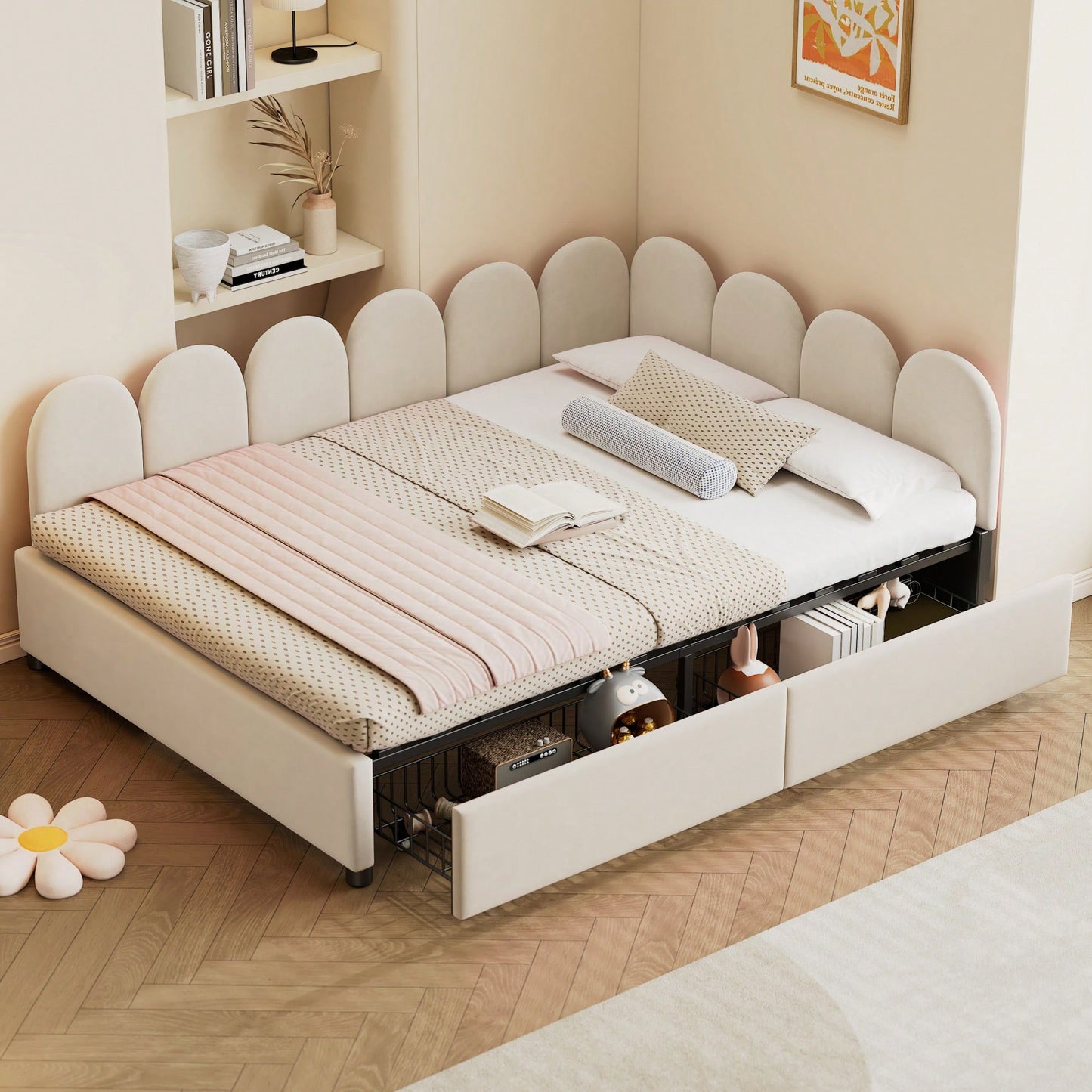 Elegant Full Size Upholstered Daybed With Storage Drawers Velvet Sofabed And Soft Fabric Headboard No Box Spring Required Beige