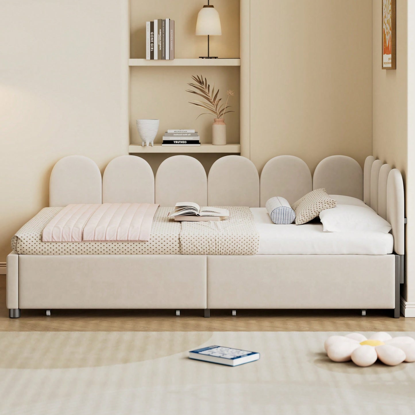 Elegant Full Size Upholstered Daybed With Storage Drawers Velvet Sofabed And Soft Fabric Headboard No Box Spring Required Beige