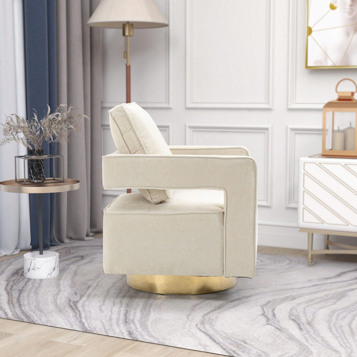 Modern Swivel Accent Chair With Gold Stainless Steel Base For Nursery Bedroom Living Room Office Club Lounge Black Chenille