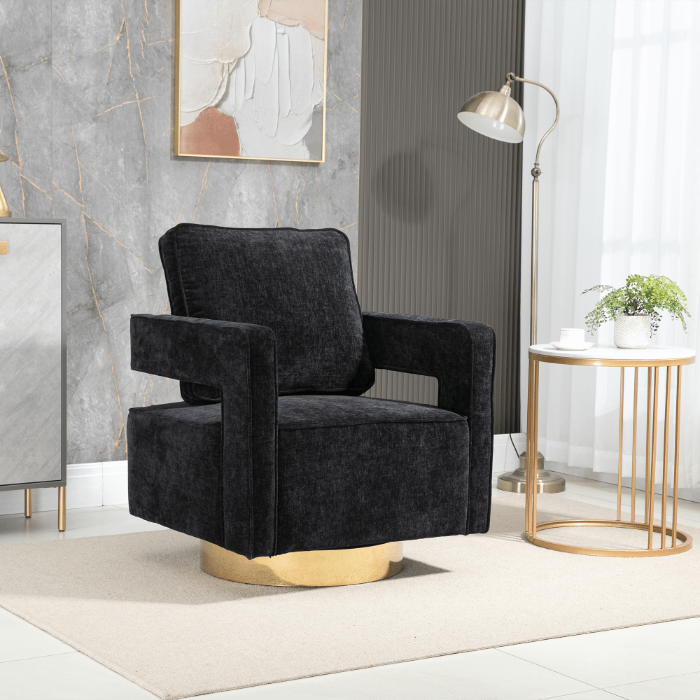 Modern Swivel Accent Chair With Gold Stainless Steel Base For Nursery Bedroom Living Room Office Club Lounge Black Chenille