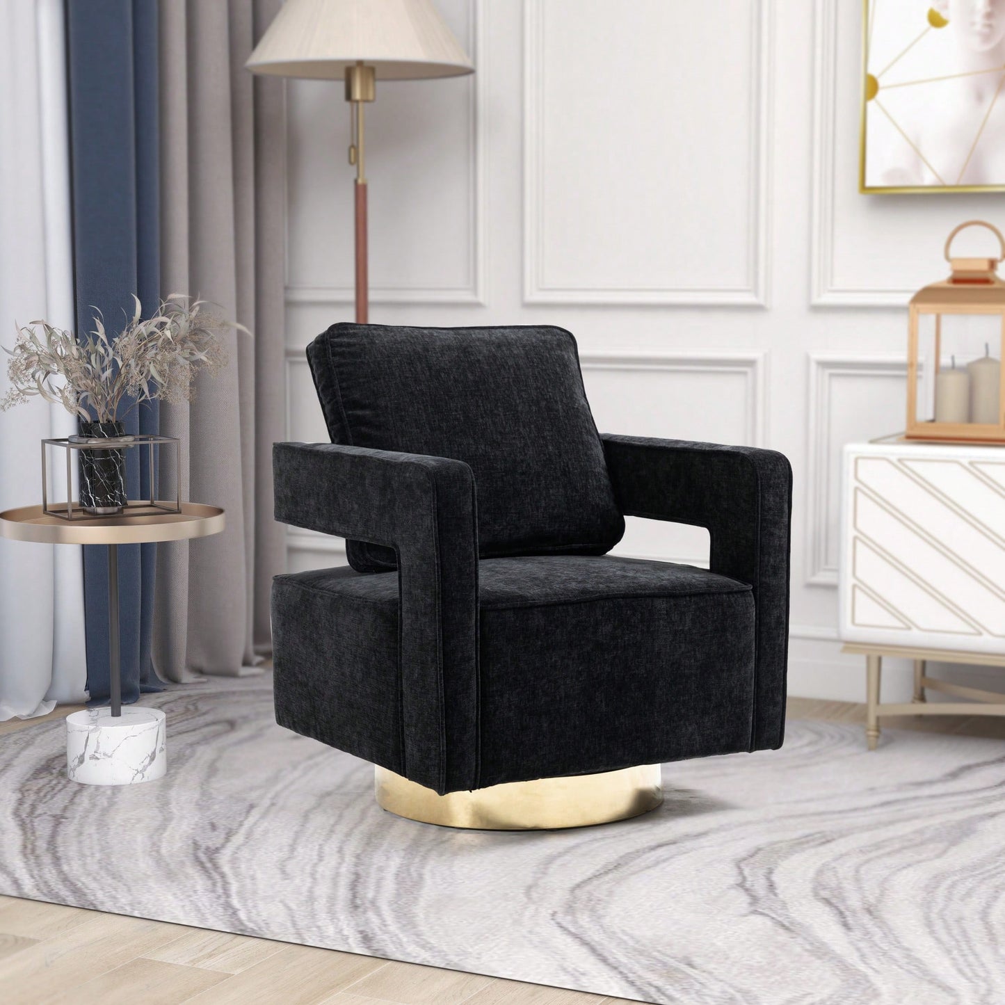 Modern Swivel Accent Chair With Gold Stainless Steel Base For Nursery Bedroom Living Room Office Club Lounge Black Chenille