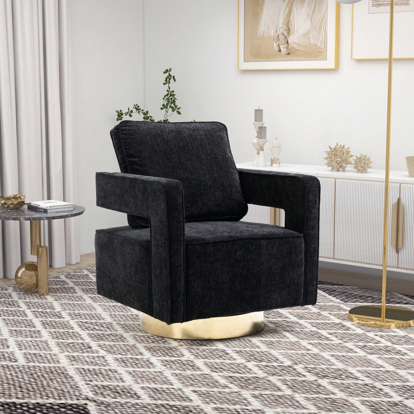 Modern Swivel Accent Chair With Gold Stainless Steel Base For Nursery Bedroom Living Room Office Club Lounge Black Chenille