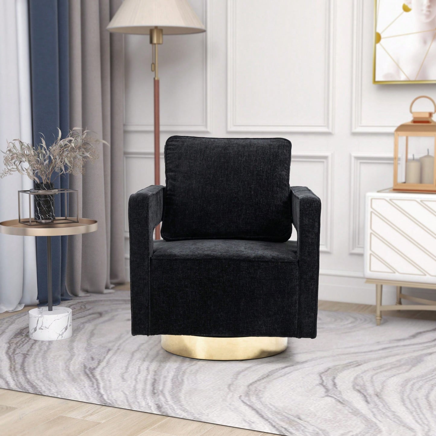 Modern Swivel Accent Chair With Gold Stainless Steel Base For Nursery Bedroom Living Room Office Club Lounge Black Chenille
